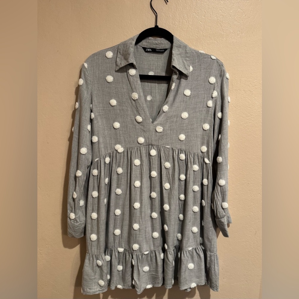 Zara Cloud Gray with White Fuzzy Pom Pom’s,  Ruffled Hem. Wear as Shirt/Dress.